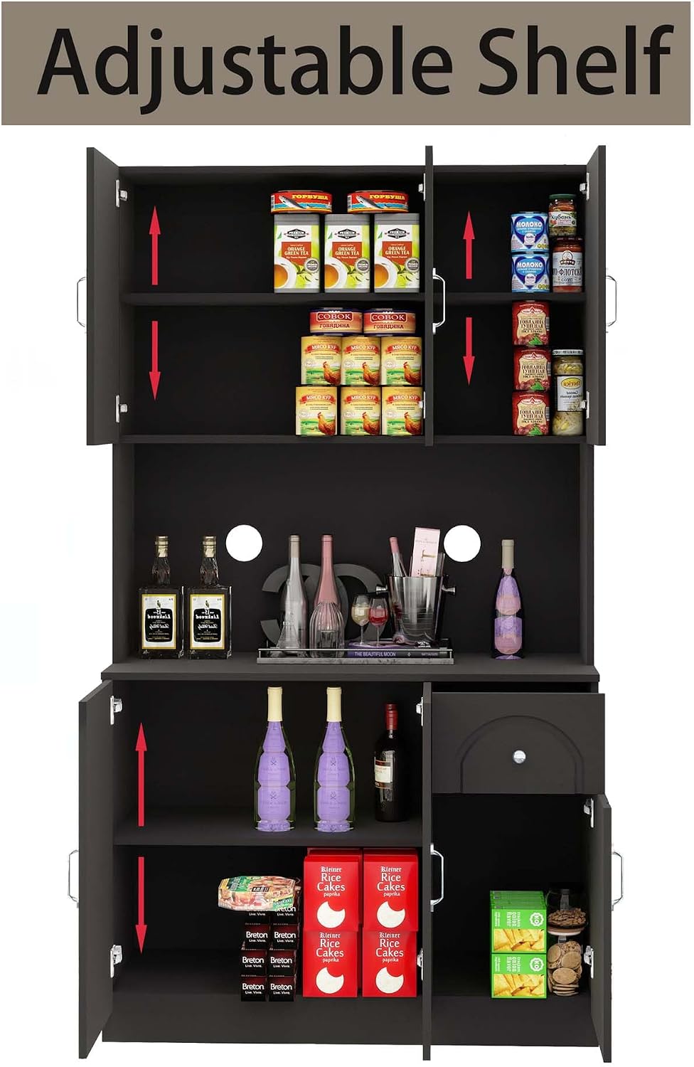Kitchen Pantry Storage Hutch Cabinet, Tall Kitchen Cupboard & Stand Alone Pantry with Microwave Oven Countertop|Adjustable Shelves|Doors|Drawer (Black)