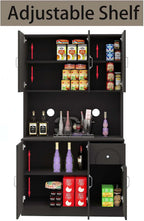 Kitchen Pantry Storage Hutch Cabinet, Tall Kitchen Cupboard & Stand Alone Pantry with Microwave Oven Countertop|Adjustable Shelves|Doors|Drawer (Black)