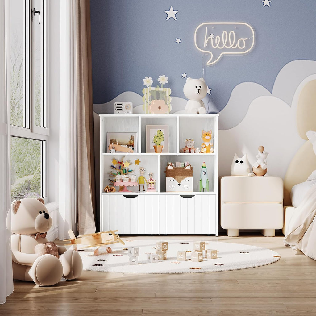 HOOBRO Toy Storage Organizer, Toy Organizers and Storage with 2 Movable Drawers and 5 Cubbies, Toy Chest Shelf for Books or Dolls, Kids Bookshelf and Toy Storage for Playroom, White WT88CW01
