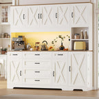 71" Farmhouse Pantry Cabinet with LED Lighting and Charging Station, Tall Storage Cabinet with 8 Doors, 6 Drawers & Adjustable Shelves, Coffee Bar Pantry for Kitchen Dining Room, White