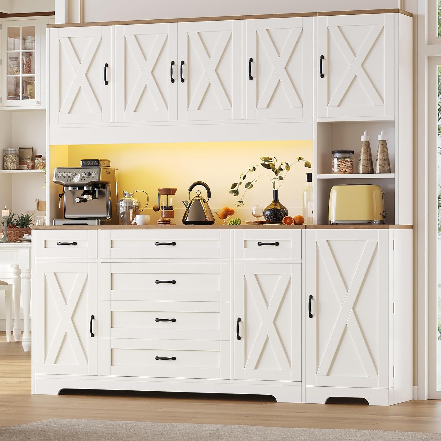 71" Farmhouse Pantry Cabinet with LED Lighting and Charging Station, Tall Storage Cabinet with 8 Doors, 6 Drawers & Adjustable Shelves, Coffee Bar Pantry for Kitchen Dining Room, White