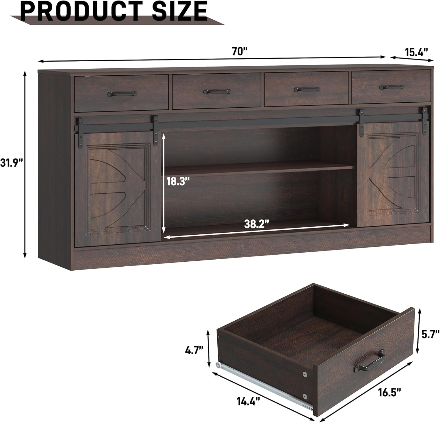 70” Large Buffet Sideboard Cabinet w/4 Drawer,Farmhouse Coffee Bar Cabinet Buffet with Storage,Sliding Door,Long Kitchen Buffet Table,Kitchen Sideboard Cabinet,Credenza for Dining Room,Brown
