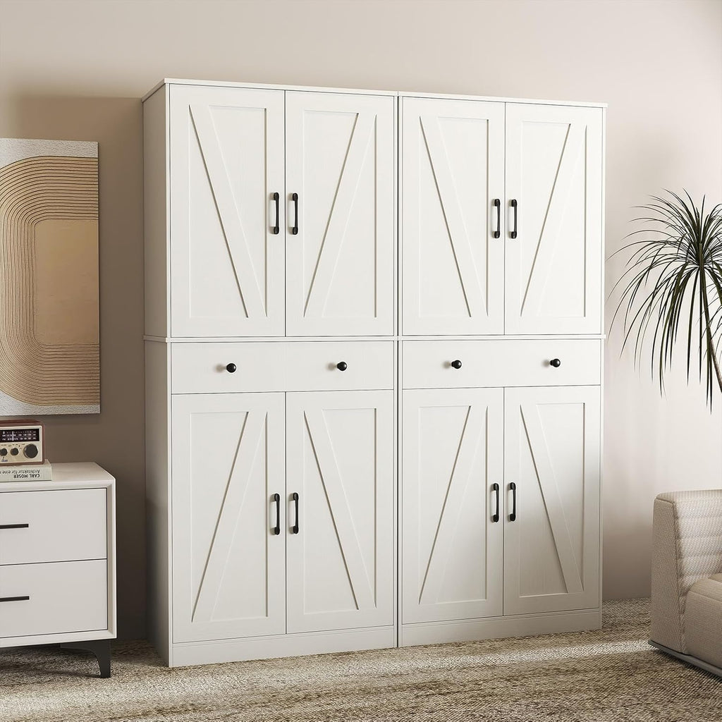 GOFLAME 72” Tall Pantry, Modern Farmhouse Cupboard Cabinet with 4 Barn Doors, Storage Drawer & 3 Adjustable Shelves, Versatile Storage with Anti-TIPP Kits for Living Room, Dining Room, White