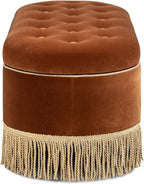 Jennifer Taylor Home 48.5" Oval Tufted Bullion Fringe Storage Bench, Burnt Orange Performance Velvet