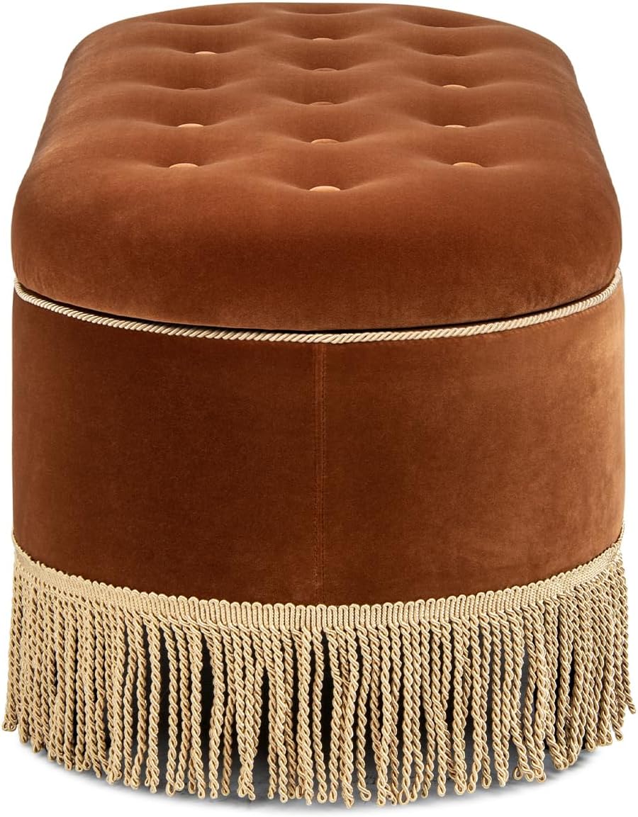 Jennifer Taylor Home 48.5" Oval Tufted Bullion Fringe Storage Bench, Burnt Orange Performance Velvet