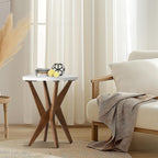Ahokua Modern Round End Table with Smooth White Top and Crossed Walnut Legs, Minimalist Accent Table for Living Room, Balcony, or Small Spaces, Easy Assembly Bedside Table, White Walnut