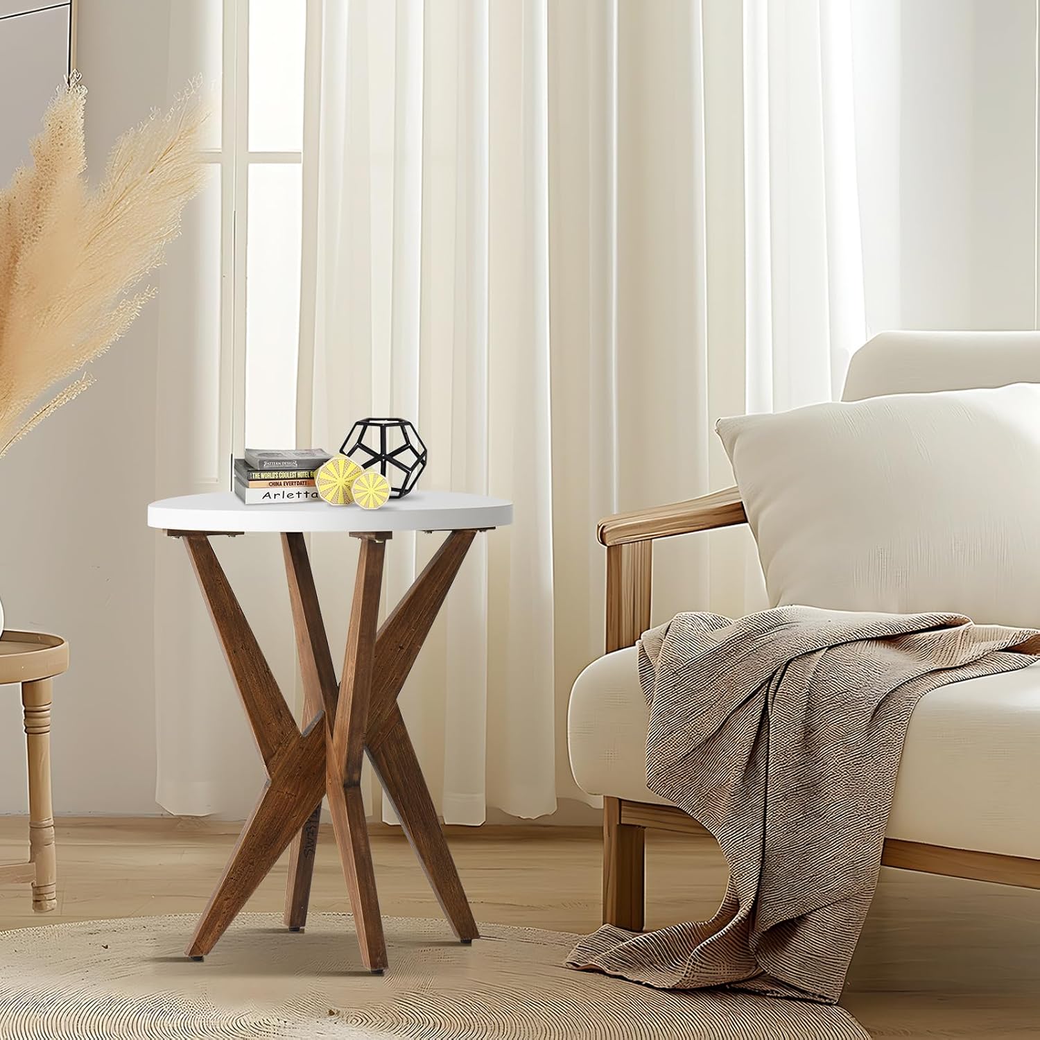 Ahokua Modern Round End Table with Smooth White Top and Crossed Walnut Legs, Minimalist Accent Table for Living Room, Balcony, or Small Spaces, Easy Assembly Bedside Table, White Walnut