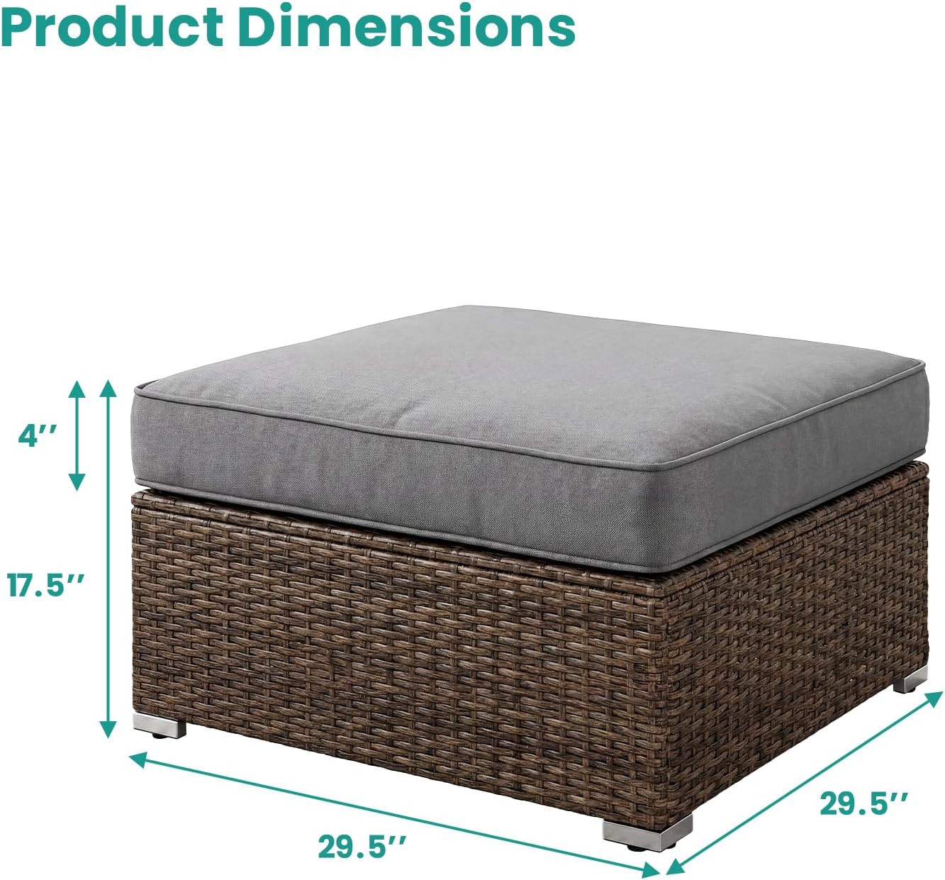 SUNBURY 2 Piece Outdoor Wicker Patio Ottoman Set, 30" Large Square Footrest with Thick Removable Cushion, All-Weather PE Rattan Stool for Backyard Poolside Porch, Grey