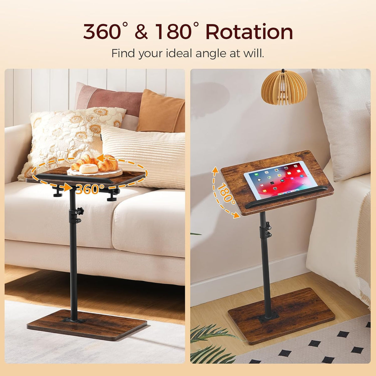 MAHANCRIS Set of 2 TV Tray Table, Height Adjustable TV Trays with 360° Swivel, Space-Saving Side Table for Couch, Multi-Functional Sofa Table with Anti-Slip Bar, Bedside, Rustic Brown ETRB4501S2