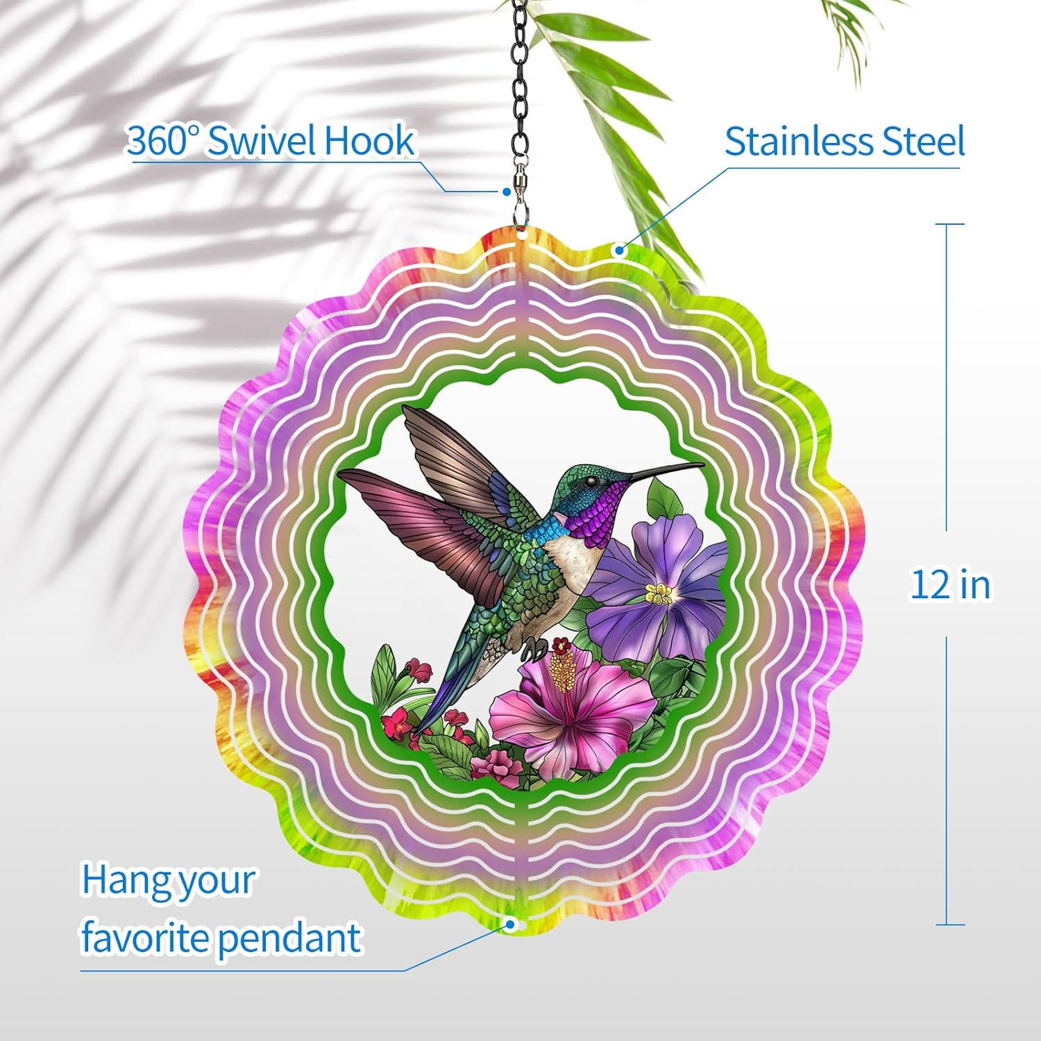 Hummingbird Wind Spinners Garden Decor as Birthday Gifts for Women Mom,12 inch 3D Stainless Steel Hanging Wind Spinner Metal Catchers Kinetic Sculpture for Outdoor Decor, Patio,Yard Decorations
