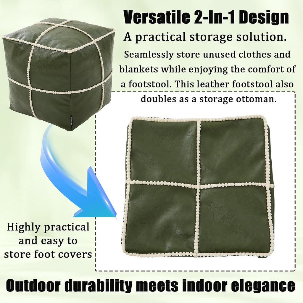 Louis Donné 18 Inch Square Unstuffed Pouf Ottoman Cover, Waterproof Faux Leather Moroccan Boho Footstool, Easy Clean Green Storage Foot Rest Decor for Living Room (Cover Only, No Filler)