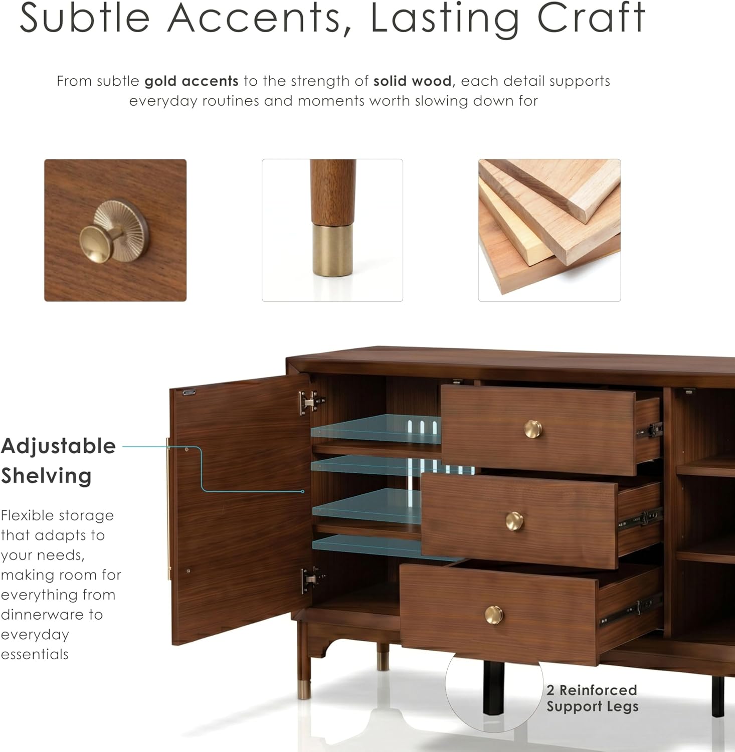 Furniture of America Forma Mid-Century Modern 69-inch Solid Wood Sideboard Buffet Cabinet with 2 Storage Compartments, 6 Shelves and 3 Drawers for Living Room, Dining Room, Office, Walnut