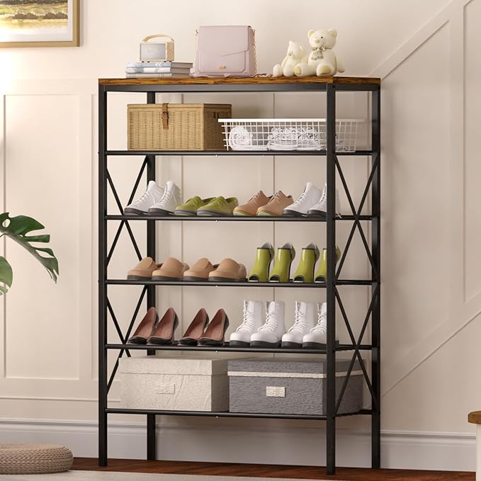 6 Tiers Metal Shoe Rack，Large Capacity Shoe Rack Holds 24 Pairs of Shoes, Durable and Stable, Adjustable Metal Shelf Stackable Shoe Shelf for Entryway, Hallway, Living Room, Closet