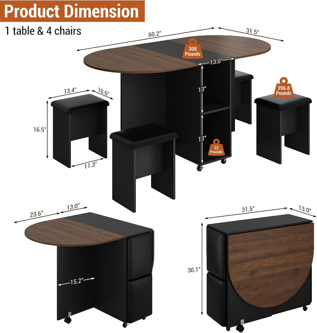 5 PCS Farmhouse Dining Table Set for 4,60" Large Round Folding Dining Table Set w/ 4 Leather Chairs, Drop Leaf Oval Modern Kitchen Table for Small Spaces,6 Wheels,2-Layer Storage Shelf,Walnut