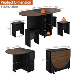 5 PCS Farmhouse Dining Table Set for 4,60" Large Round Folding Dining Table Set w/ 4 Leather Chairs, Drop Leaf Oval Modern Kitchen Table for Small Spaces,6 Wheels,2-Layer Storage Shelf,Walnut
