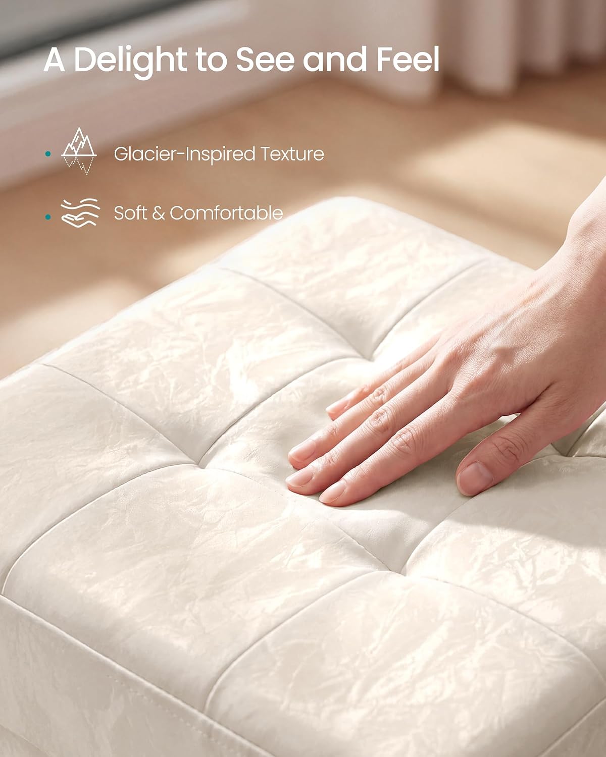 SONGMICS Storage Ottoman, Textured PU Leather Footstool with Legs, Footrest with Cushion, for Living Room and Bedroom, 15 x 15 x 15.7 Inches, White, Minota Collection ULSF523WD01