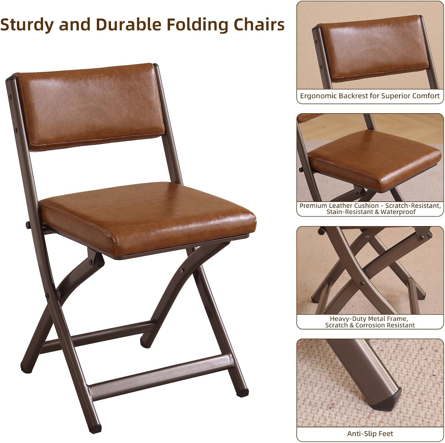 Folding Chairs with Cushion 2 Pack, High-Resilience Foam, Yellowish-brown | 450LBS Capacity, 2-Inch Thick Cushion, 4.7" Folded, Foldable Dining Chairs for Kitchen Dining Room Wedding Office Party