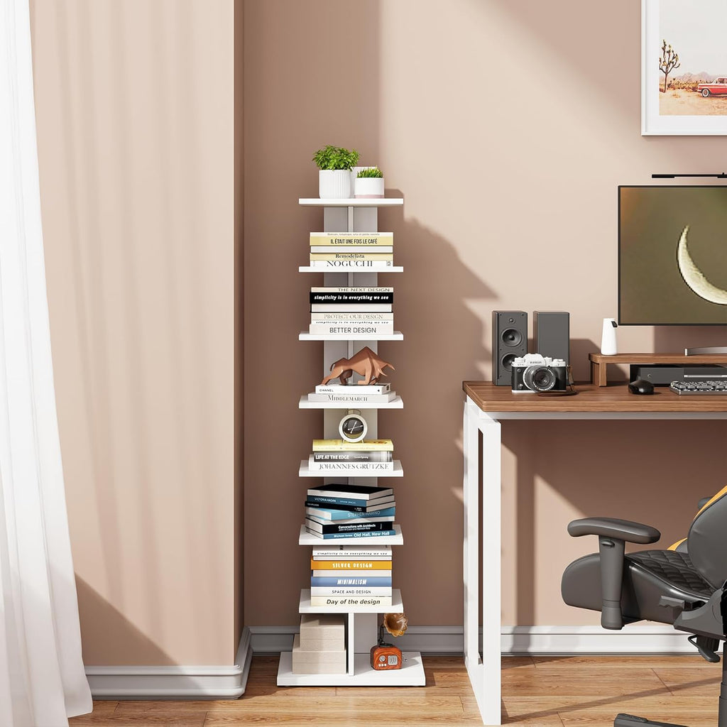 TUTOTAK Narrow Bookshelf, 8-Tier Bookcase, Spine Book Shelf for Small Space, Corner Standing Shelf for Living Room, Office, Study, Entryway, White BS06BW008