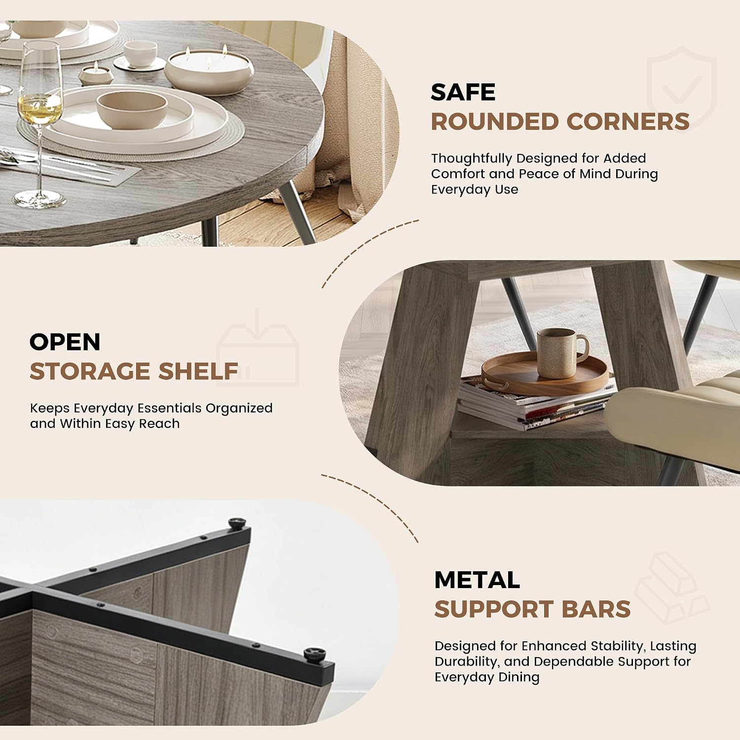 Miereirl Extendable Dining Table Set for 4-6, 47.24"-63" Round to Oval Dining Table Set with Upholstered Chairs, Hidden Storage Shelf, Kitchen & Dining Room Furniture for Apartment