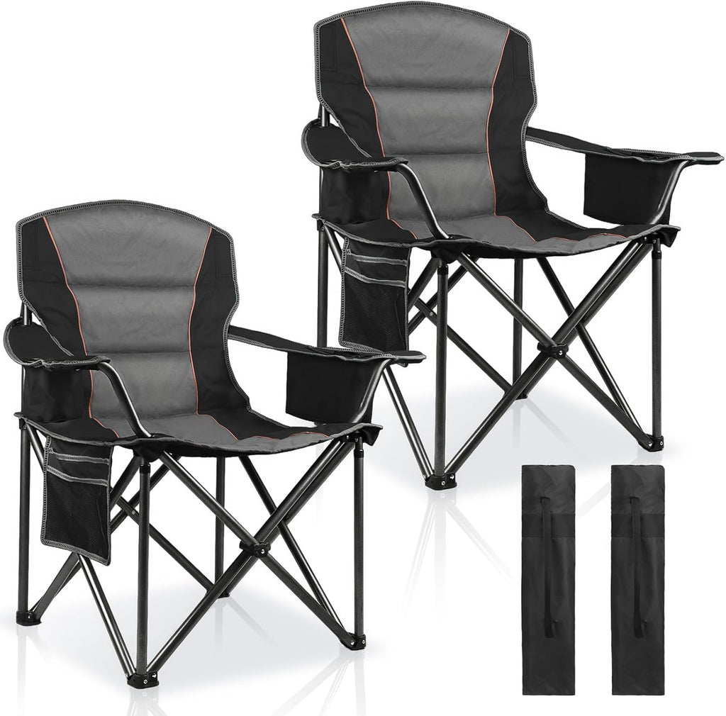 2 Pack Padded Oversized Camping Chairs for Adults,Heavy Duty Support 400 Lbs,Folding Portable Lawn Chair w/Cup Holder,Cooler Bag,Side Pocket,Perfect for Outdoor Picnic,Hiking(Black)