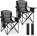 2 Pack Padded Oversized Camping Chairs for Adults,Heavy Duty Support 400 Lbs,Folding Portable Lawn Chair w/Cup Holder,Cooler Bag,Side Pocket,Perfect for Outdoor Picnic,Hiking(Black)