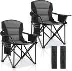 2 Pack Padded Oversized Camping Chairs for Adults,Heavy Duty Support 400 Lbs,Folding Portable Lawn Chair w/Cup Holder,Cooler Bag,Side Pocket,Perfect for Outdoor Picnic,Hiking(Black)