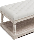 Ottoman Coffee Table, Large Rectangle Ottoman with Storage - Upholstered Cushioned Bench for Living Room, Tufted Linen Fabric with Solid Wood Shelf, Entryway Bench (Beige)