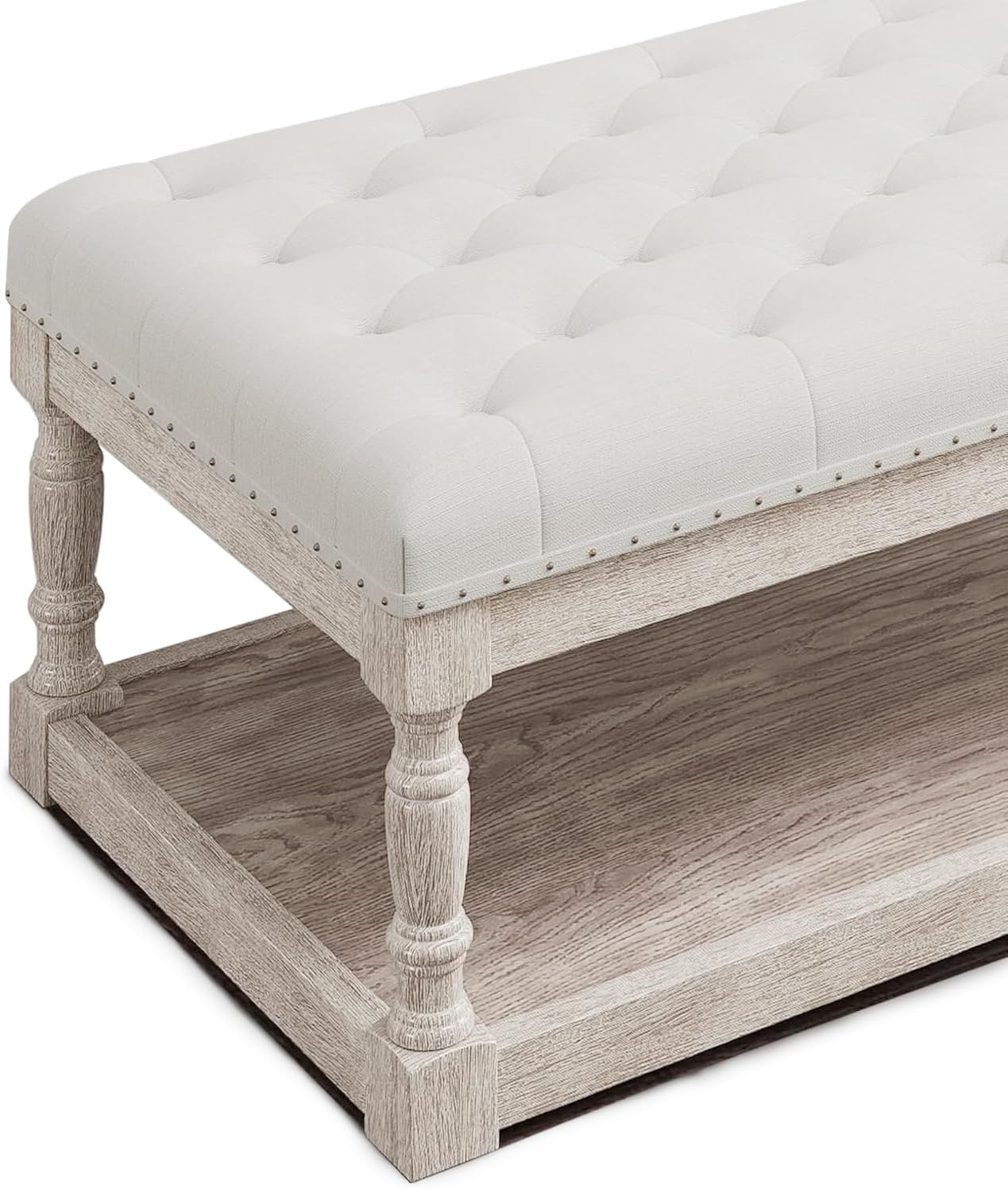 Ottoman Coffee Table, Large Rectangle Ottoman with Storage - Upholstered Cushioned Bench for Living Room, Tufted Linen Fabric with Solid Wood Shelf, Entryway Bench (Beige)