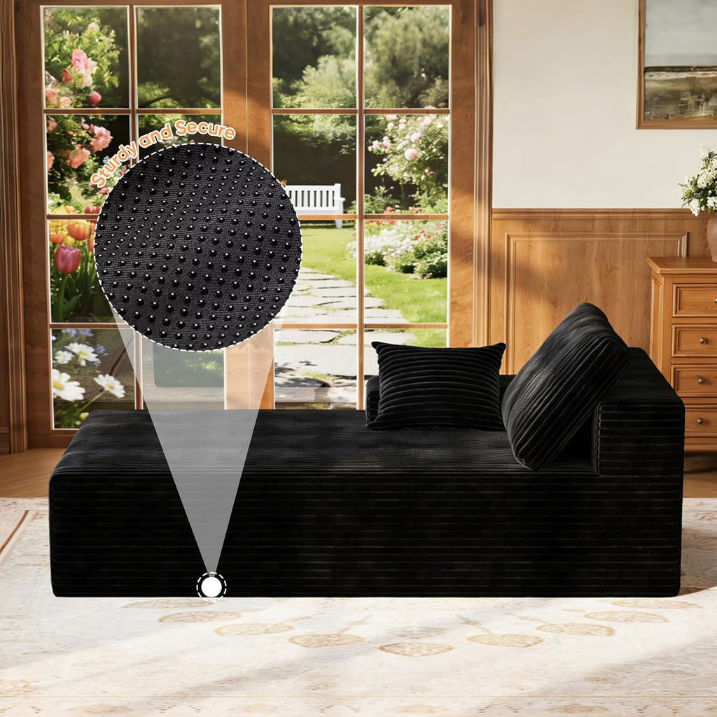 67" Sofa Bed, Chaise Lounge Chair, Plush Corduroy Upholstered Sofa Couch Bed with Pillows, Lazy Chair for Living Room Bedroom Guest Room (Black, Left Facing Chaise)