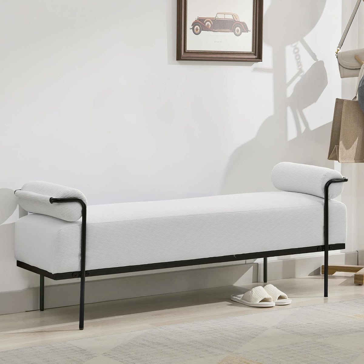 SOFTHION 61.2" End of Bed Bench, Corduroy Upholstered Entryway Bench, White | Modern Upholstered Bench Ottoman, Footrest Stool with Sturdy Metal Frame and Legs for Living Room/Foyer/Mudroom/Hallway