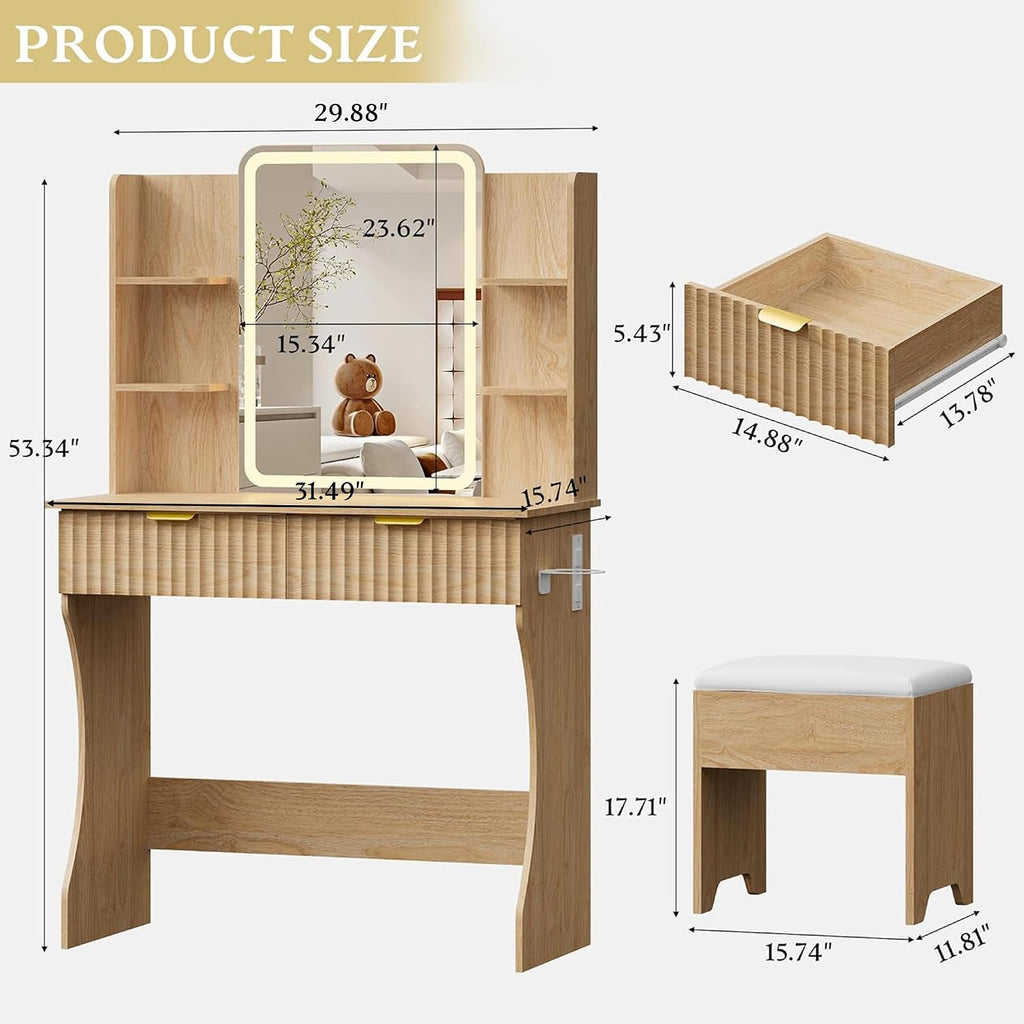 Vanity Desk with LED Lights Mirror & Power Outlet, Small Makeup Vanity Table Set with Storage Drawers & Chair, 3 Lighting Modes & Adjustable Brightness, Dressing Table for Women Girls Bedroom, Oak