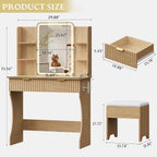 Vanity Desk with LED Lights Mirror & Power Outlet, Small Makeup Vanity Table Set with Storage Drawers & Chair, 3 Lighting Modes & Adjustable Brightness, Dressing Table for Women Girls Bedroom, Oak