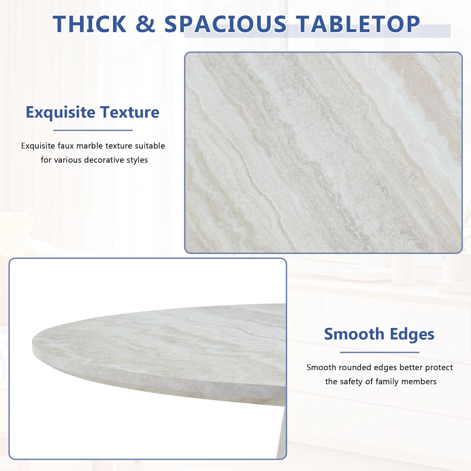 Faux Marble Round Dining Table for 4-6, 45" Modern Farmhouse Round Kitchen Table with 1" Thickened Wood Top & Stable Pedestal for Dining Room,Living Room,Apartment,Restaurant(Beige)