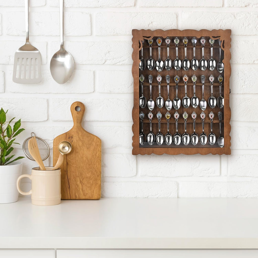 Ikee Design Wooden 30-Souvenir Spoon Display Case Cabinet, Wall-Mounted Tea Spoon Rack with Tempered Glass Suitable for Collection Display, 13.4W x 2.6D x 15.7H in