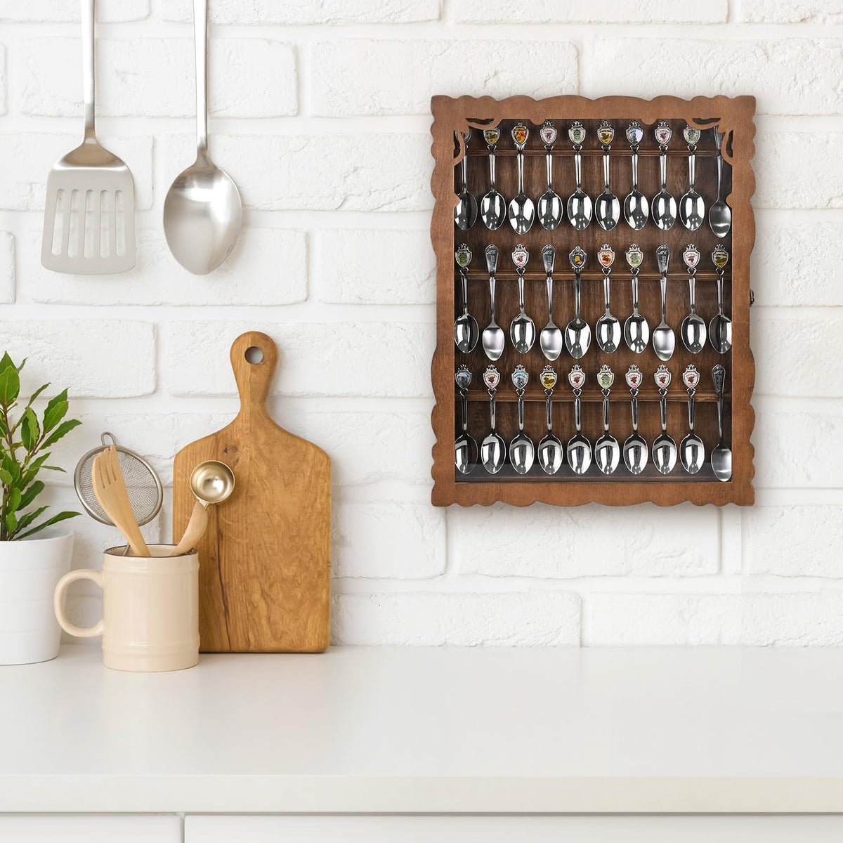 Ikee Design Wooden 30-Souvenir Spoon Display Case Cabinet, Wall-Mounted Tea Spoon Rack with Tempered Glass Suitable for Collection Display, 13.4W x 2.6D x 15.7H in