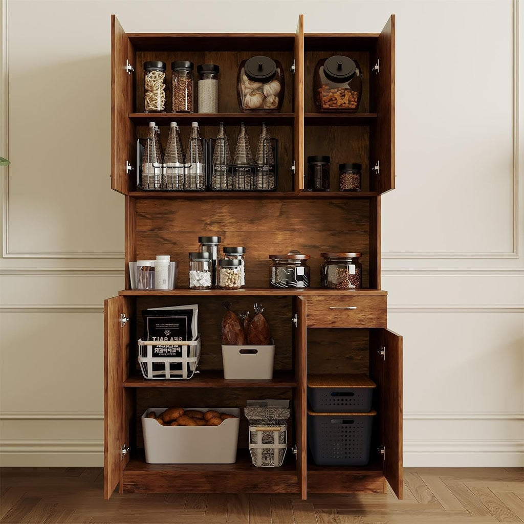 71" Kitchen Pantry Cabinets with Microwave Stand, 6 Doors & 3 Adjustable Shelves, Freestanding China Cabinet Hutch, Buffet Cabinet with Storage, Walnut