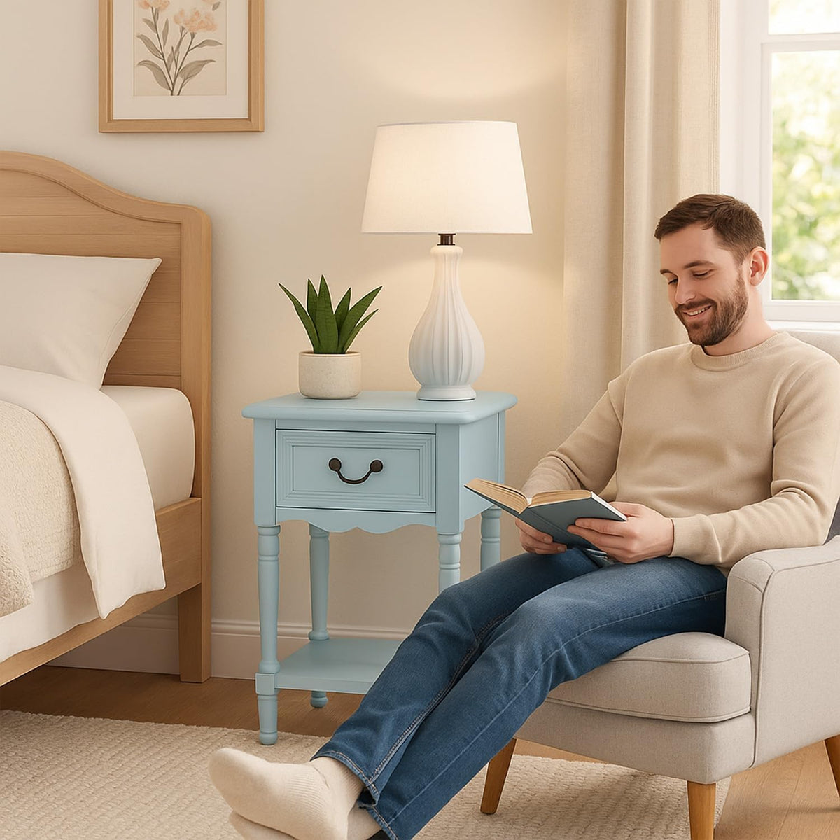 Urban Designs Wooden Accent Table/Nightstand with Drawer and Bottom Shelf – 29" H, 16" L x 16" W - Light Blue