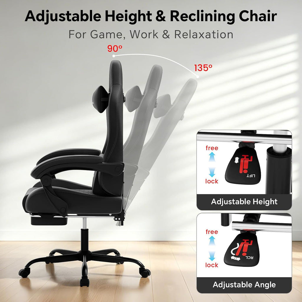 Gaming Chair, Computer Office Chair with Footrest, Adjustable Height & Backrest Gaming Chairs with Swivel for Adults, High Back PU Leather Ergonomic Chair with Lumbar Support, Black