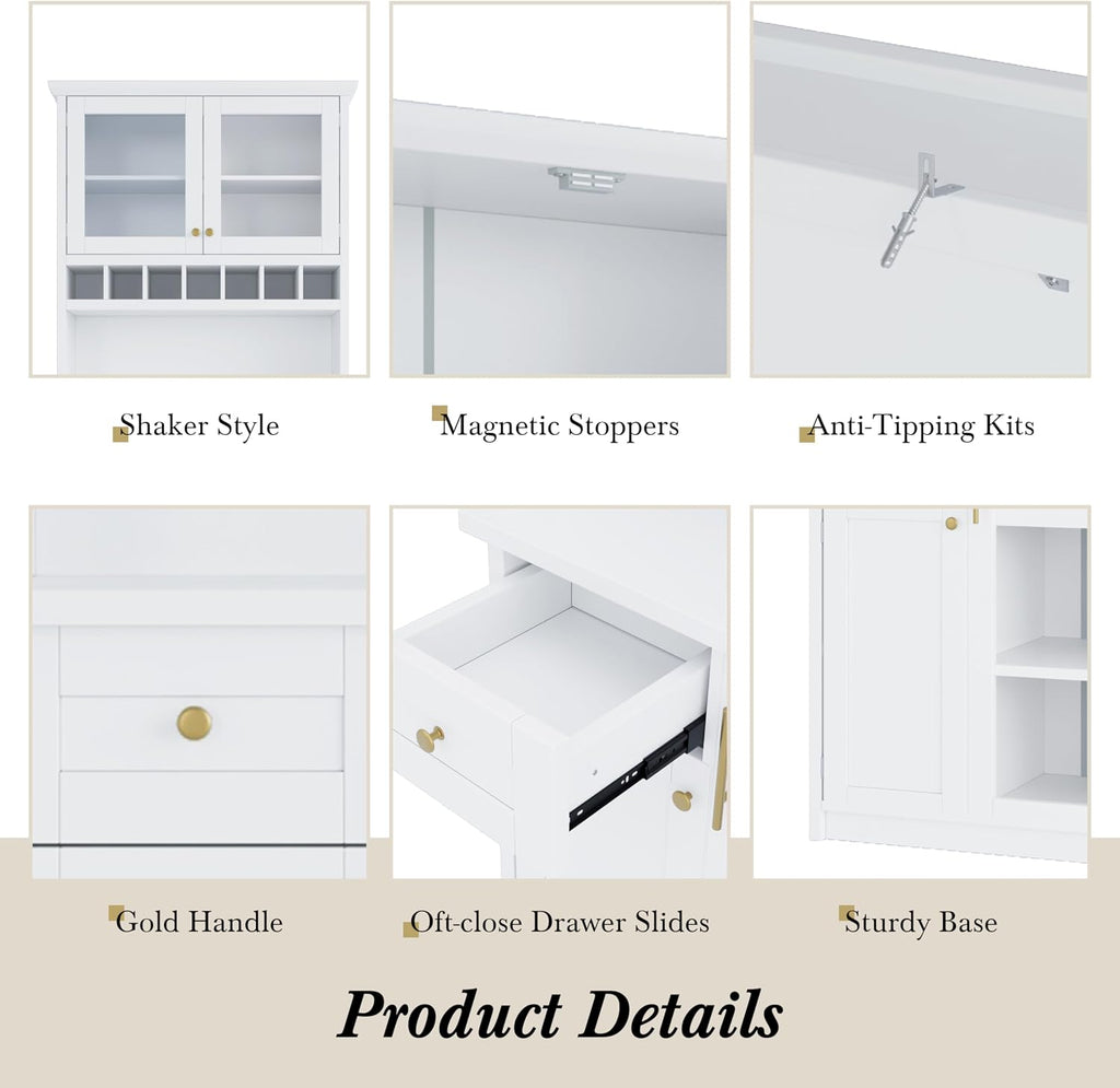 roomfitters Farmhouse Kitchen Pantry Buffet Hutch with Wine Rack and Glass Doors, Tall Storage Cabinet, White
