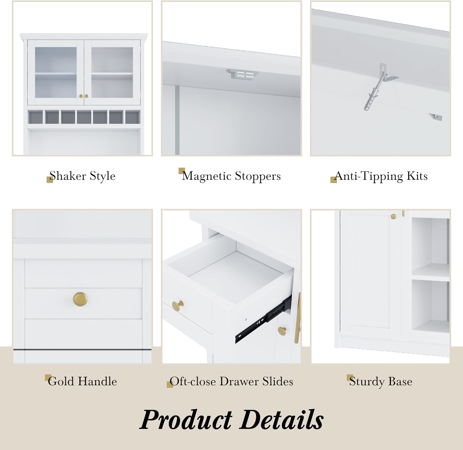 Kitchen Pantry Storage Cabinet with Wine Rack and Adjustable Shelves, Freestanding Buffet Cabinet with Hutch, White