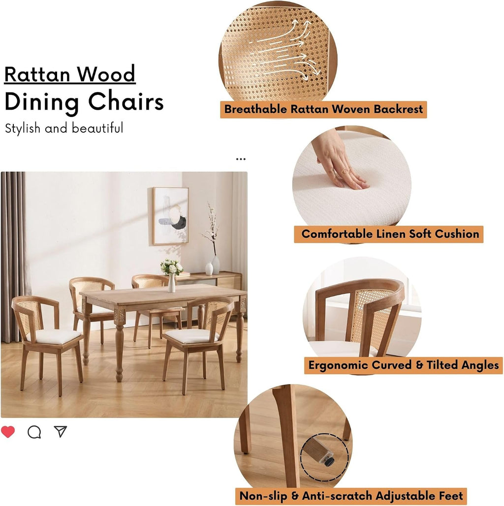 BESTANO Rattan Dining Chairs Set of 2, Mid Century Modern Farmhouse Wood Dining Room Chairs, Upholstered Comfortable Kitchen Dining Side Chair with Cane Woven Back, Beige Linen