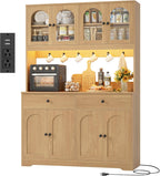 HIFIT 71" LED Kitchen Pantry Cabinet with Power Outlet, Large Kitchen Hutch Storage Cabinet with Arched Door & Shelves & 2 Drawers, Tall Modern Coffee Bar w/Hutch for Home Dining Living Room, Natural