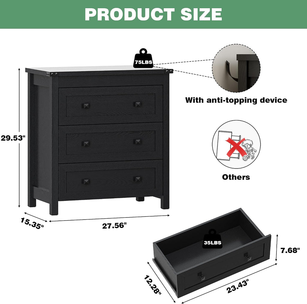 Xixini Farmhouse Nightstand with 3 Storage Drawers, 27.55" Wide Wood Bedside Table, Modern Side Table with Metal Handle, End Table for Bedroom, Black