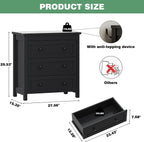 Xixini Farmhouse Nightstand with 3 Storage Drawers, 27.55" Wide Wood Bedside Table, Modern Side Table with Metal Handle, End Table for Bedroom, Black