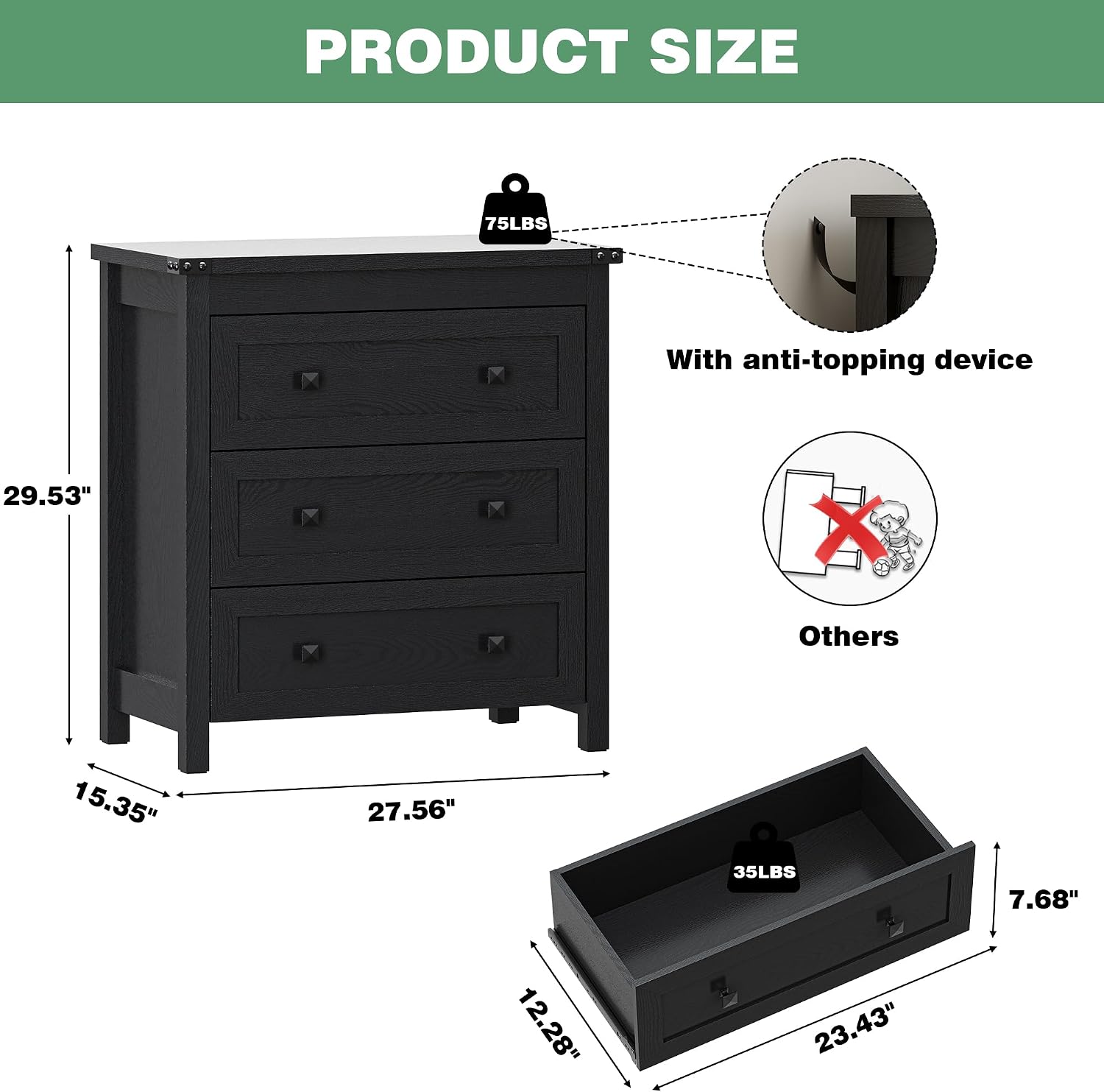 Xixini Farmhouse Nightstand with 3 Storage Drawers, 27.55" Wide Wood Bedside Table, Modern Side Table with Metal Handle, End Table for Bedroom, Black