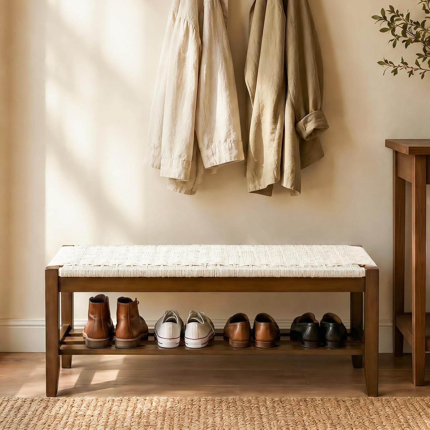 VINGLI Boho Storage Bench, Rattan Entryway Bench with Natural Woven Seat & Wood Frame, Dining Wicker Bench Indoor Bedroom Bench for End of Bed, Dining Room, Living Room and Hallway, Walnut, 39.8 Inch