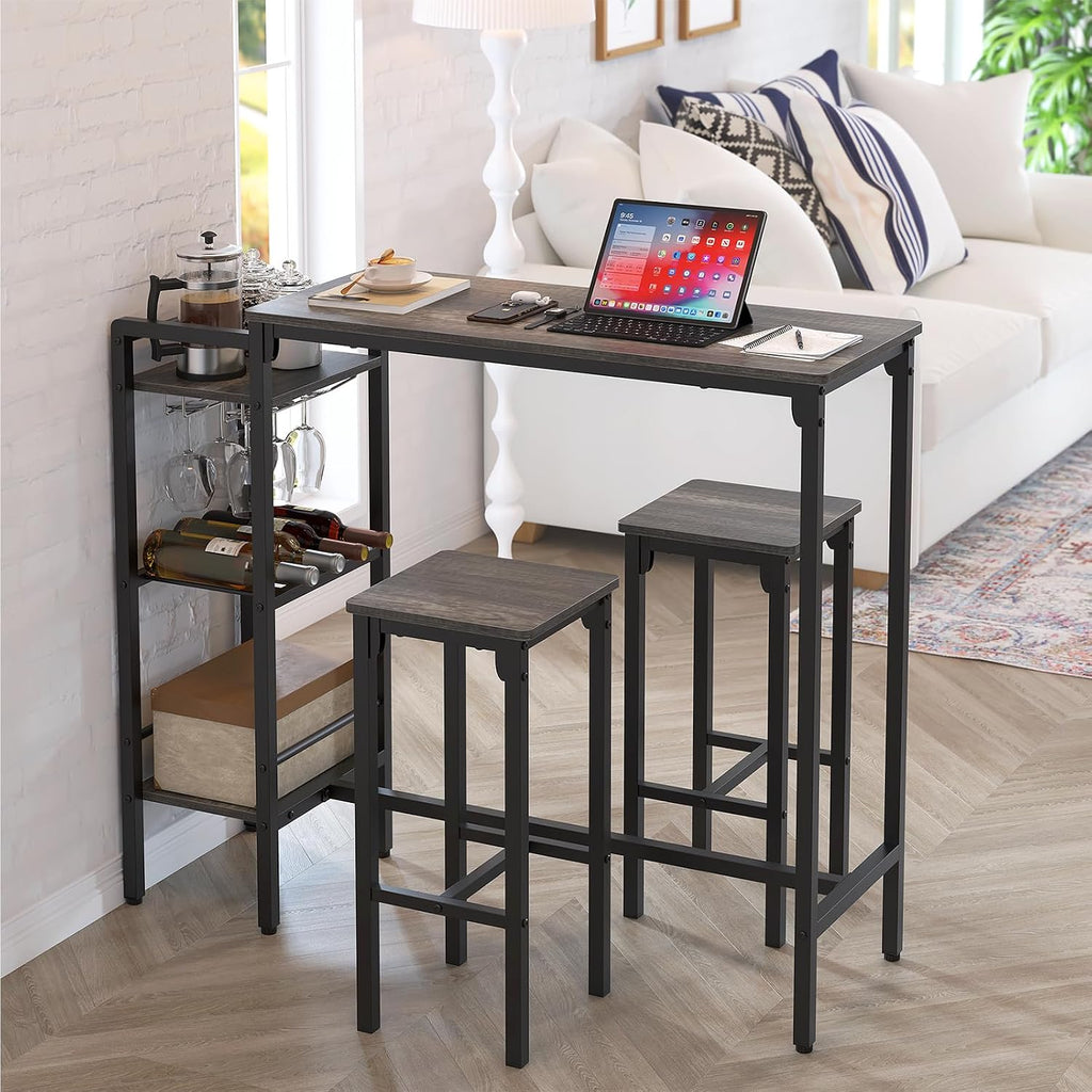 Weehom Bar Table and Chairs Set for Small Kitchens and Apartments - Space-Saving Dining Table Set for 2, 3 Storage Shelves with Bulit-in Wine Rack, Dining Room Breakfast Nook Table Set, Gray