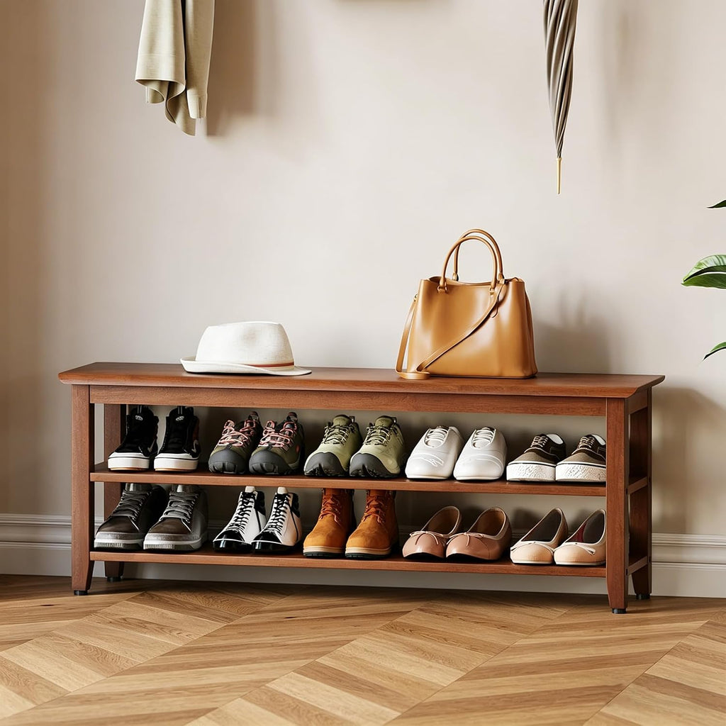 Wood Shoe Bench for Entryway,Bench with Shoe Rack,Storage Shoe Organizer for Hallway,Living Room,Bedroom (Brown, 47.24''W×11.81‘’D×17.71‘’H)