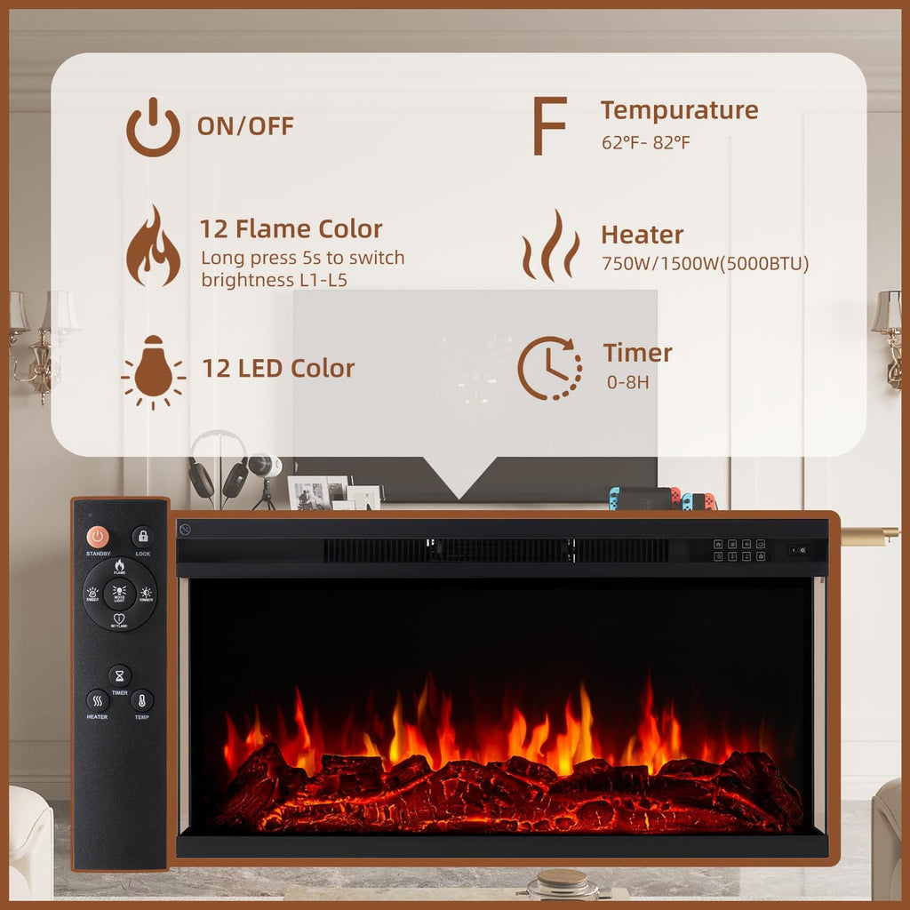 Aoxun 70 Inch TV Stand with 36 Inch Electric Fireplace, 3-Sided Glass TV Console for TVs up to 80", Rustic Media Entertainment Center with Closed Storage Doors, White