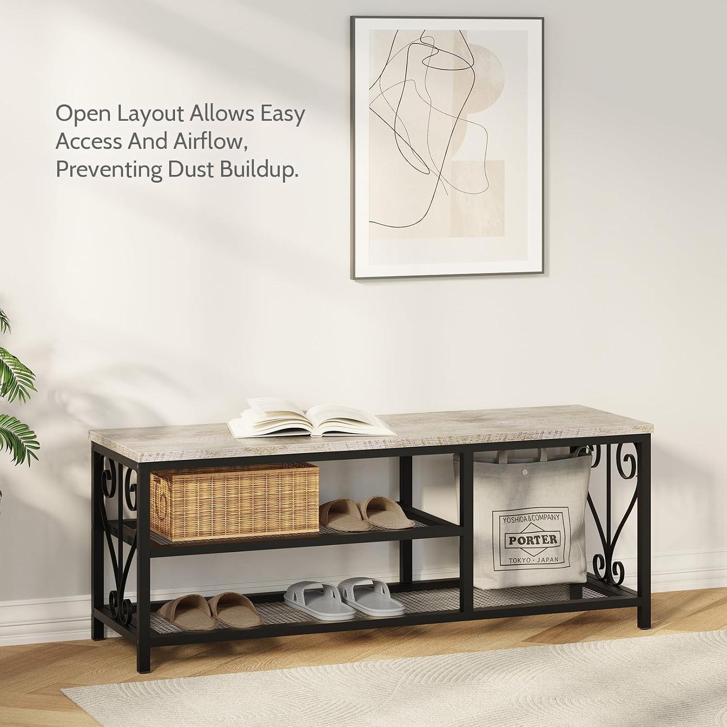 Entryway Storage Bench with Shoe Rack, 47.2" Wide Hallway Bench with Seating, Rustic Wood Top & Metal Frame, 2-Tier Shoe Organizer for Entryway, Bedroom, or Living Room, Weathered Wood